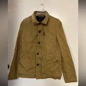 Khaki parka zip up and button jacket with pockets 
Fall 2015